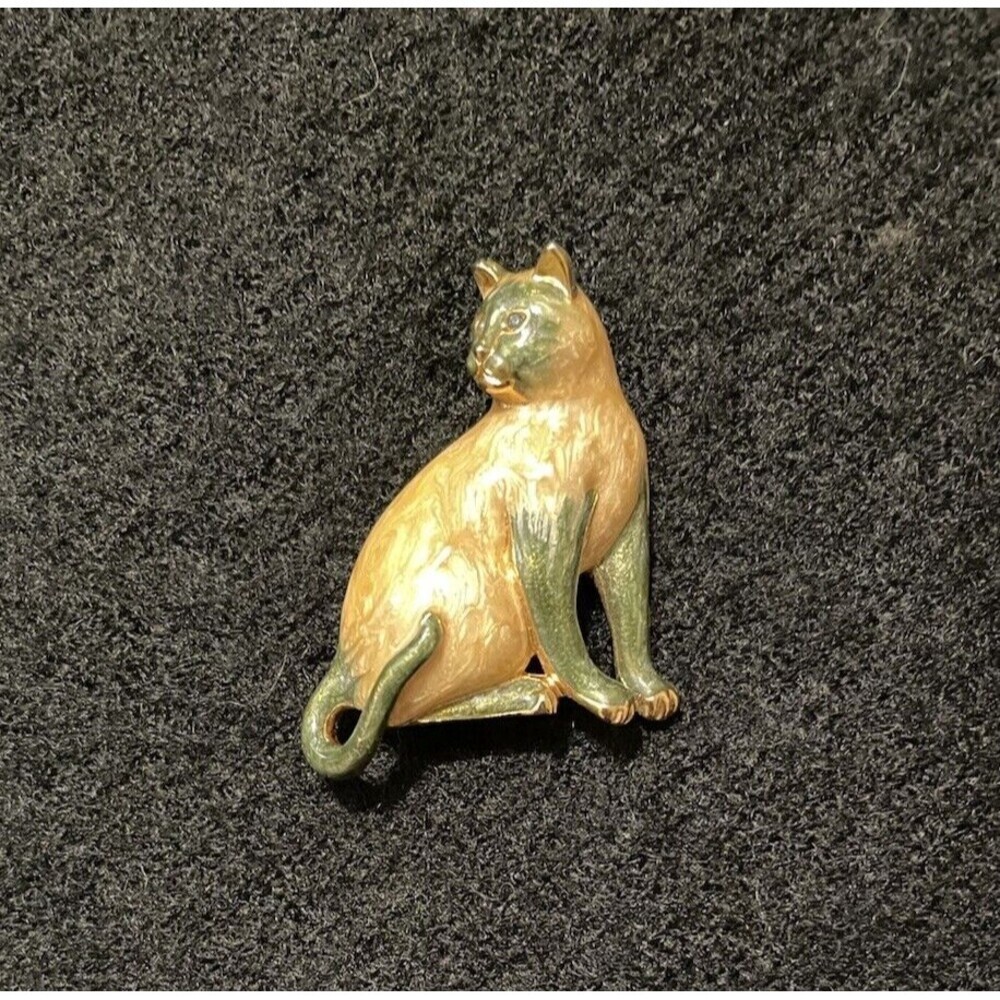 Carucci Siamese Kitty Cat Pin Brooch Signed Enamel Vintage Rhinestone Eyes